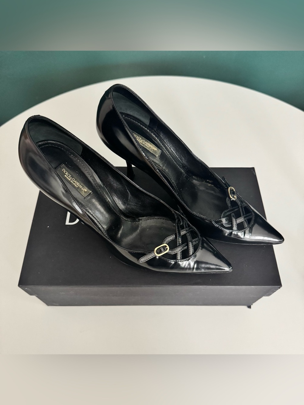 Dolce & Gabbana Black Patent Leather heel with gold buckle size 38.5